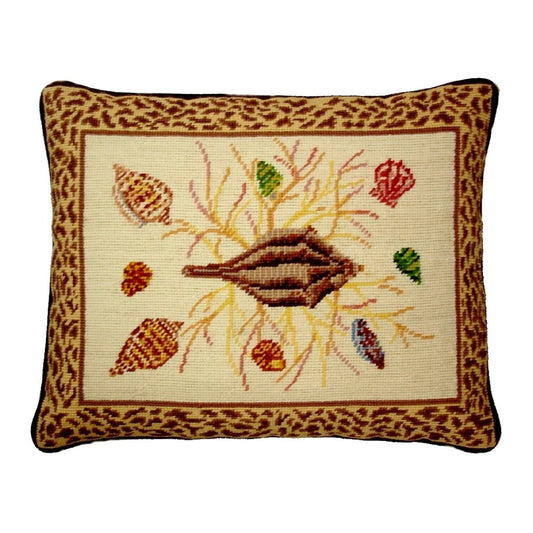 Handmade Wool Needlepoint Pillow Cover - Decorative Throw Cushion Cover - Vintage Floral Embroidery Design brown shell center animal print frame