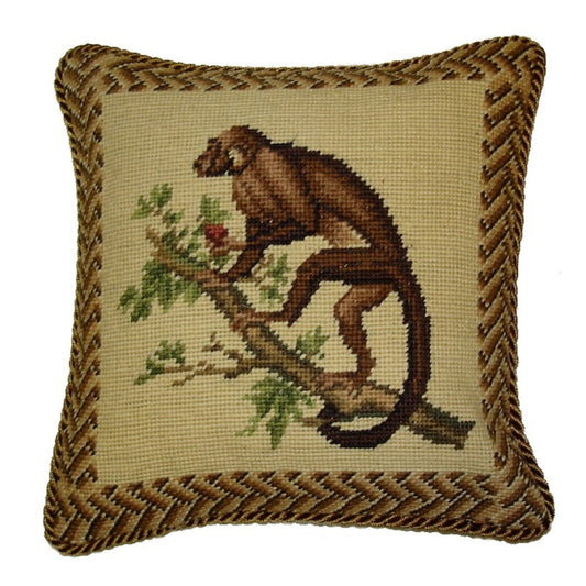 Handmade Wool Needlepoint Pillow Cover - Decorative Throw Cushion Cover - Vintage Floral Embroidery Design monkey holding the peach