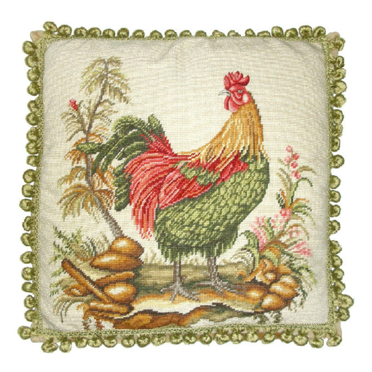 Handmade Wool Needlepoint Pillow Cover - Decorative Throw Cushion Cover - Vintage Floral Embroidery Design roosters face backgound with 2 color tassels