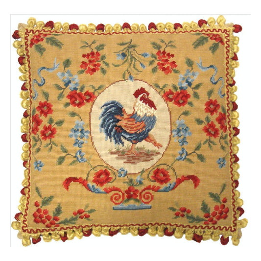 Handmade Wool Needlepoint Pillow Cover - Decorative Throw Cushion Cover - Vintage Floral Embroidery Design chicken floral with tassels 1