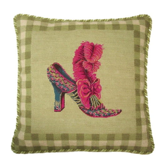 Handmade Wool Needlepoint Pillow Cover - Decorative Throw Cushion Cover - Vintage Floral Embroidery Design feather shoe with green background 2 color cording
