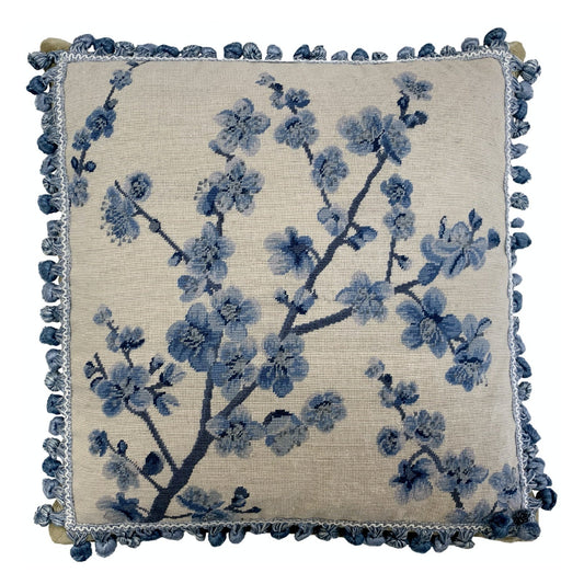 Handmade Wool Needlepoint Pillow Cover - Decorative Throw Cushion Cover - Vintage Floral Embroidery Design  blue blooming plums with tassels