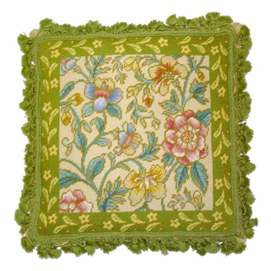 Handmade Wool Needlepoint Pillow Cover - Decorative Throw Cushion Cover - Vintage Floral Embroidery Design pink,yellow,blue plum floral center lime green frame & tassels