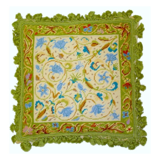 Handmade Wool Needlepoint Pillow Cover - Decorative Throw Cushion Cover - Vintage Floral Embroidery Design blue, green roses & Irish lime green frame & tassels