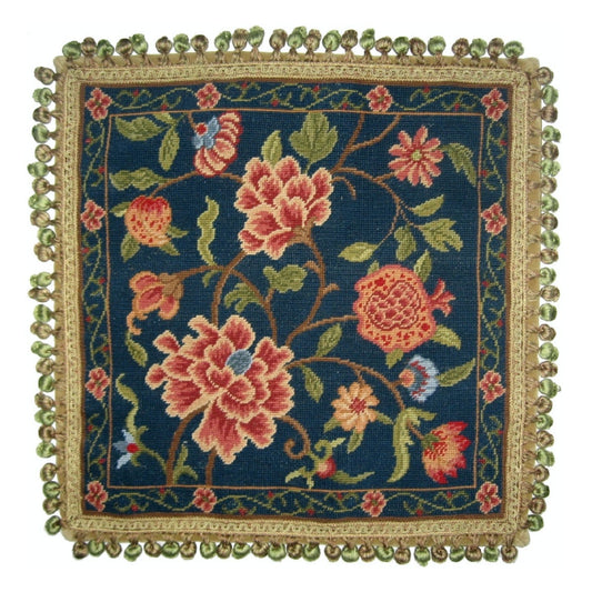 Handmade Wool Needlepoint Pillow Cover - Decorative Throw Cushion Cover - Vintage Floral Embroidery Design navy blue back blooming peonies with tassels
