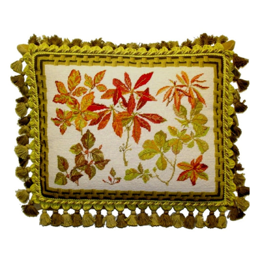 Handmade Wool Needlepoint Pillow Cover - Decorative Throw Cushion Cover - Vintage Floral Embroidery Design  leaves with brown bamboo frame 3 color tassels