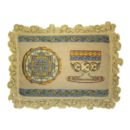 Handmade Wool Needlepoint Pillow Cover - Decorative Throw Cushion Cover - Vintage Floral Embroidery Design  French antique tea cup set with tassels