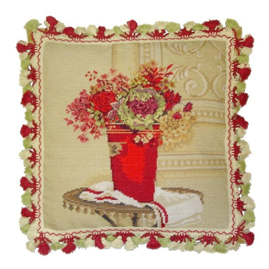 Handmade Wool Needlepoint Pillow Cover - Decorative Throw Cushion Cover - Vintage Floral Embroidery Design  Kathryn White Design c