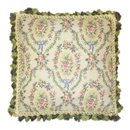 Handmade Wool Needlepoint Pillow Cover - Decorative Throw Cushion Cover - Vintage Floral Embroidery Design  oval shape roses in the leave frame with 2 tone green tassel