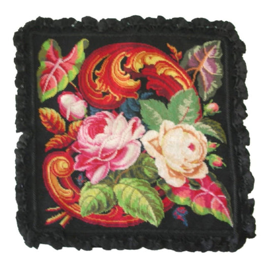 Handmade Wool Needlepoint Pillow Cover - Decorative Throw Cushion Cover - Vintage Floral Embroidery Design floral black background