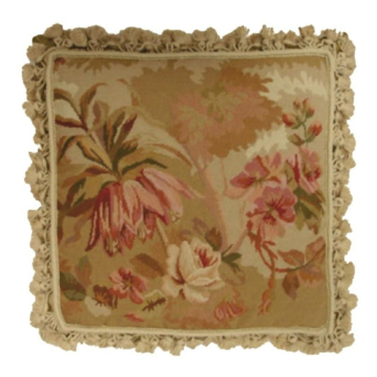 Handmade Wool Needlepoint Pillow Cover - Decorative Throw Cushion Cover - Vintage Floral Embroidery Design  antique looking roses & orchard light & dark beige background with tassels