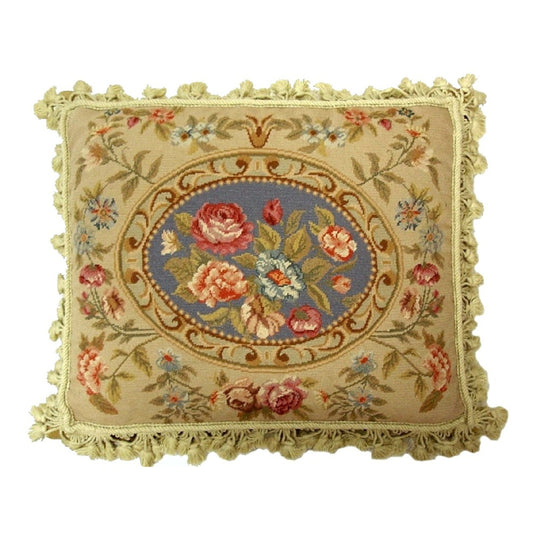 Handmade Wool Needlepoint Pillow Cover - Decorative Throw Cushion Cover - Vintage Floral Embroidery Design II