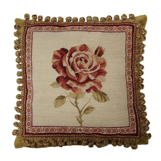 Handmade Wool Needlepoint Pillow Cover - Decorative Throw Cushion Cover - Vintage Floral Embroidery Design redRose Lauren Hamlton design with 2 color tassel