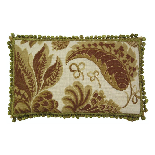 Handmade Wool Needlepoint Pillow Cover - Decorative Throw Cushion Cover - Vintage Floral Embroidery Design olive tropical leaves ivory background with tassels