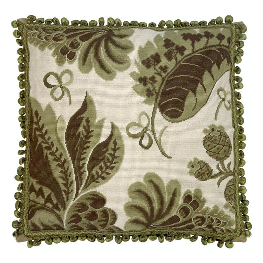 Handmade Wool Needlepoint Pillow Cover - Decorative Throw Cushion Cover - Vintage Floral Embroidery Design olive-brown  tropical leaves with tassels