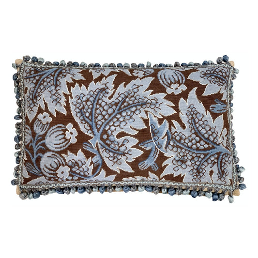 Handmade Wool Needlepoint Pillow Cover - Decorative Throw Cushion Cover - Vintage Floral Embroidery Design blue grape leaves brown background with tassels