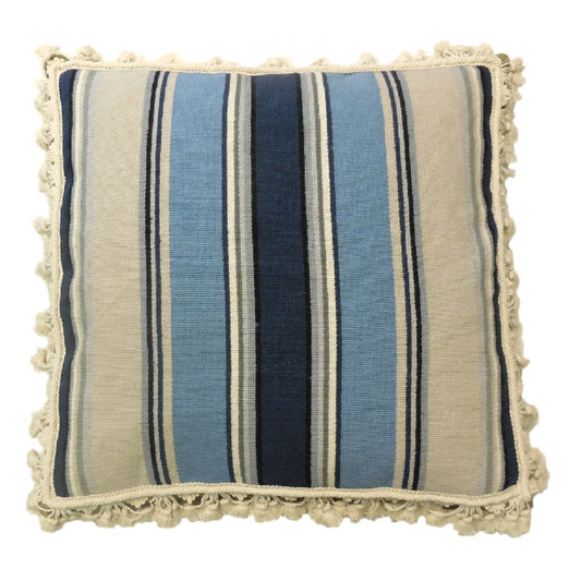 Handmade Wool Needlepoint Pillow Cover - Decorative Throw Cushion Cover - Vintage Floral Embroidery Design square in blue/navy/ivory/sand with tassels