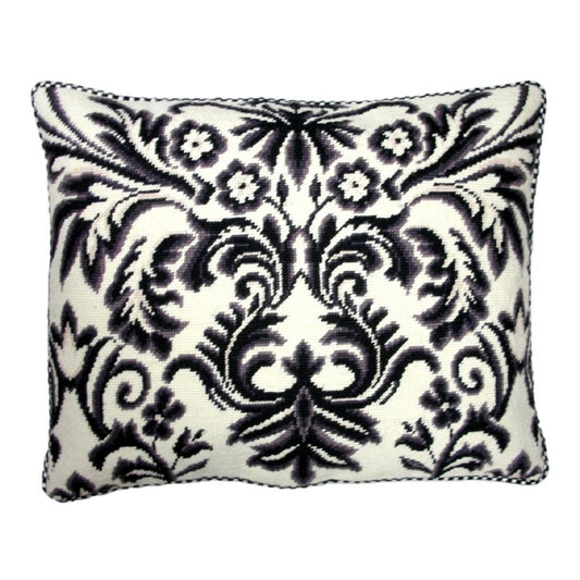 Handmade Wool Needlepoint Pillow Cover - Decorative Throw Cushion Cover - Vintage Floral Embroidery Design b/w floral design with 2 color cording