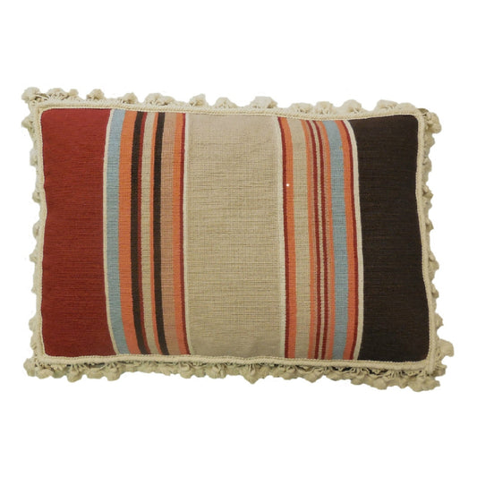 Handmade Wool Needlepoint Pillow Cover - Decorative Throw Cushion Cover - Vintage Floral Embroidery Design strips in red, blue, brown, sand, orange with tassels