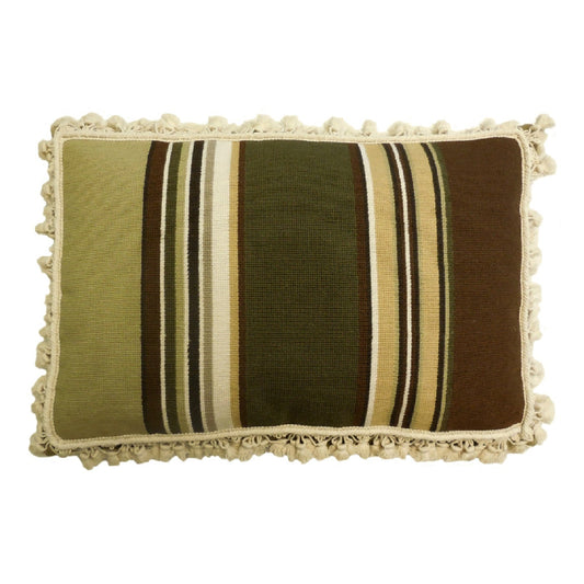 Handmade Wool Needlepoint Pillow Cover - Decorative Throw Cushion Cover - Vintage Floral Embroidery Design strips in green, brown, ivory with tassels