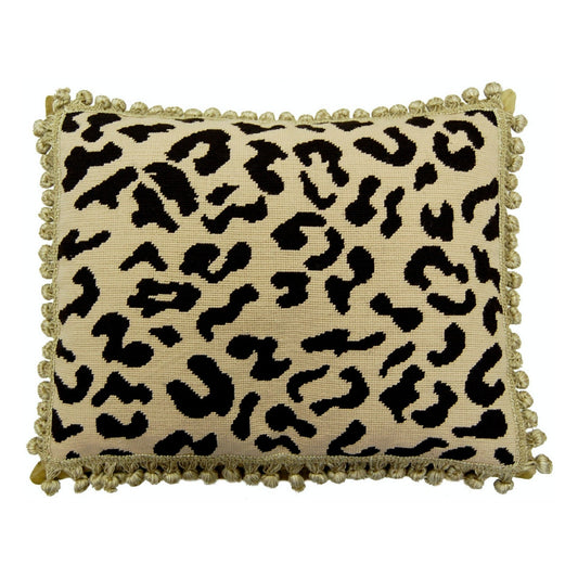 Handmade Wool Needlepoint Pillow Cover - Decorative Throw Cushion Cover - Vintage Floral Embroidery Design black leopard print nature background with tassels