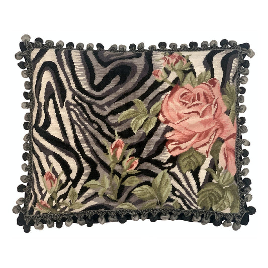 Handmade Wool Needlepoint Pillow Cover - Decorative Throw Cushion Cover - Vintage Floral Embroidery Design B/W zabera print pink rose with 3 color tassel