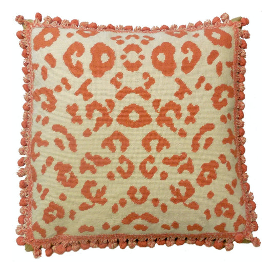 Handmade Wool Needlepoint Pillow Cover - Decorative Throw Cushion Cover - Vintage Floral Embroidery Design orange animal print with tassels