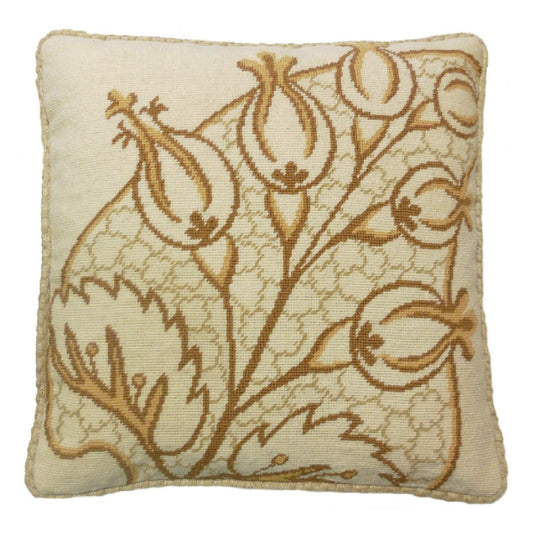 Handmade Wool Needlepoint Pillow Cover - Decorative Throw Cushion Cover - Vintage Floral Embroidery Design brown/yellow big leaves/Flowers checker cording