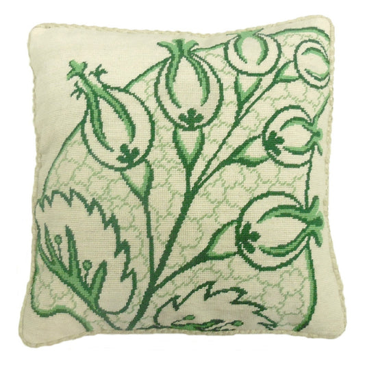 Handmade Wool Needlepoint Pillow Cover - Decorative Throw Cushion Cover - Vintage Floral Embroidery Design green big leaves/flowers checker cording