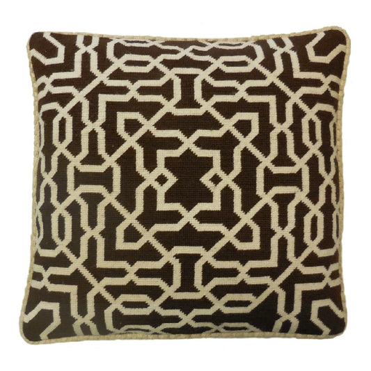 Handmade Wool Needlepoint Pillow Cover - Decorative Throw Cushion Cover - Vintage Floral Embroidery Design brown small window designs checker cording