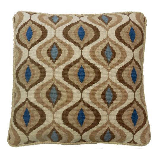 Handmade Wool Needlepoint Pillow Cover - Decorative Throw Cushion Cover - Vintage Floral Embroidery Design brown water drop pattern with checker cording