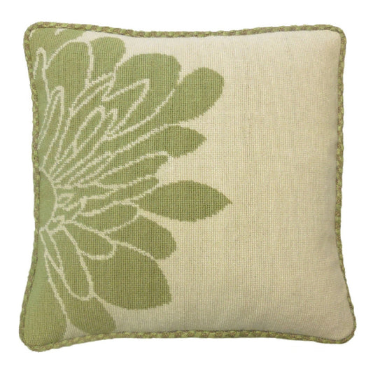 Handmade Wool Needlepoint Pillow Cover - Decorative Throw Cushion Cover - Vintage Floral Embroidery Design green half flower off-white back checker cording