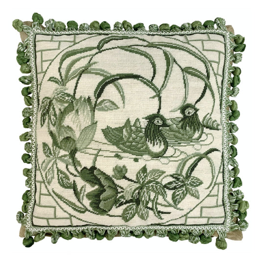 Handmade Wool Needlepoint Pillow Cover - Decorative Throw Cushion Cover - Vintage Floral Embroidery Design  green Manderain Ducks lotus flower with tassels
