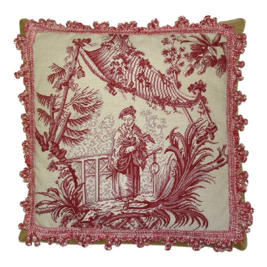 Handmade Wool Needlepoint Pillow Cover - Decorative Throw Cushion Cover - Vintage Floral Embroidery Design  Chinese fishman red/white