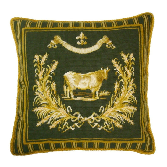 Handmade Wool Needlepoint Pillow Cover - Decorative Throw Cushion Cover - Vintage Floral Embroidery Design Gayle Bighouse design french County Cow, green