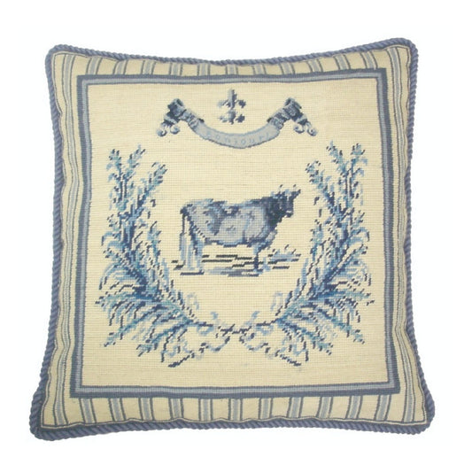 Handmade Wool Needlepoint Pillow Cover - Decorative Throw Cushion Cover - Vintage Floral Embroidery Design Gayle Bighouse design french country cow blue