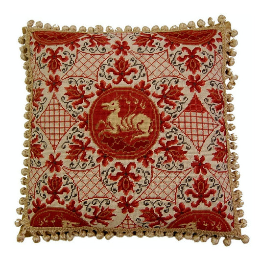 Handmade Wool Needlepoint Pillow Cover - Decorative Throw Cushion Cover - Vintage Floral Embroidery Design red ancient dogs with tassels I
