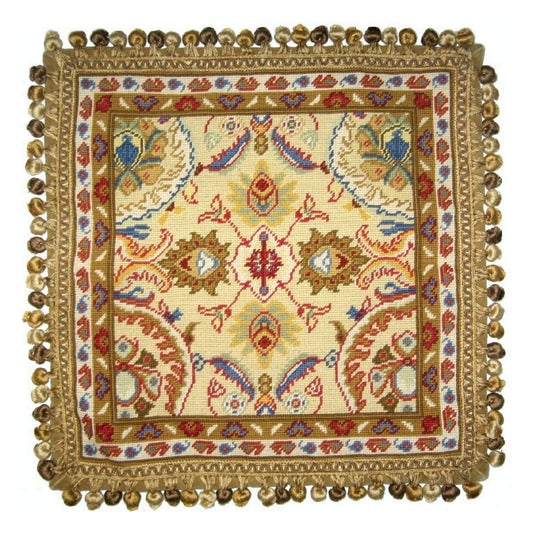 Handmade Wool Needlepoint Pillow Cover - Decorative Throw Cushion Cover - Vintage Floral Embroidery Design Turkisy gold/red with tassels