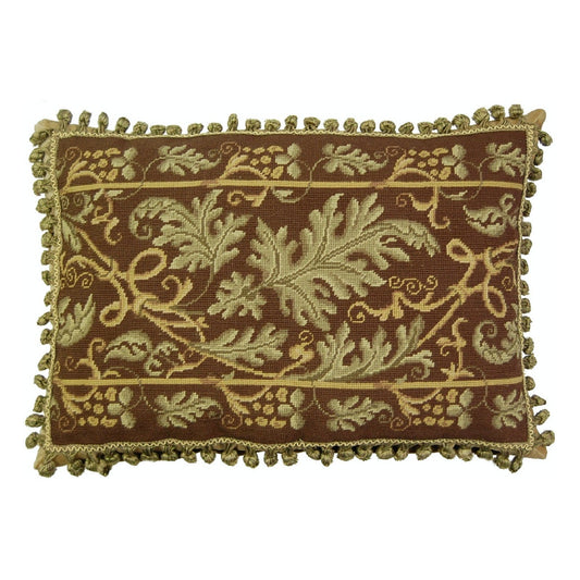 Handmade Wool Needlepoint Pillow Cover - Decorative Throw Cushion Cover - Vintage Floral Embroidery Design olive-brown grape leaves with 2 color tassel