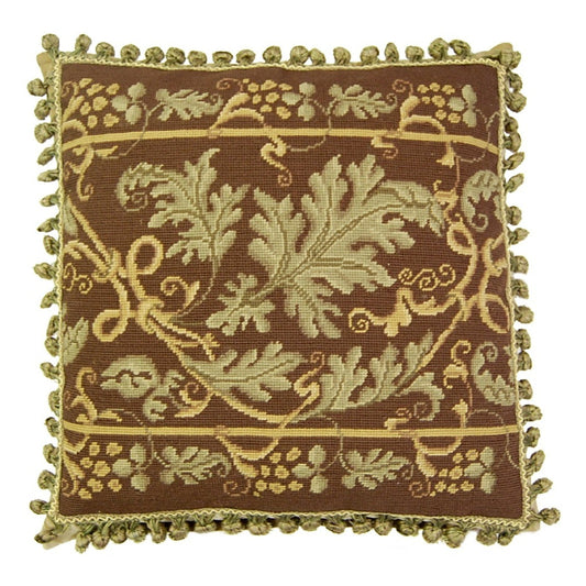 Handmade Wool Needlepoint Pillow Cover - Decorative Throw Cushion Cover - Vintage Floral Embroidery Design olive-brown grapes leave with 2 color tassels