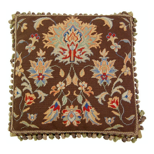 Handmade Wool Needlepoint Pillow Cover - Decorative Throw Cushion Cover - Vintage Floral Embroidery Design dark brown background William Morris style with tassels