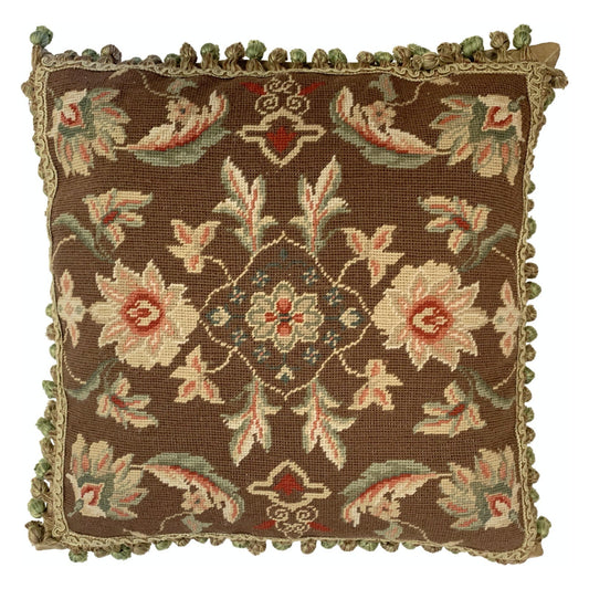 Handmade Wool Needlepoint Pillow Cover - Decorative Throw Cushion Cover - Vintage Floral Embroidery Designmilk chocolate background 3 small flower center with tassels