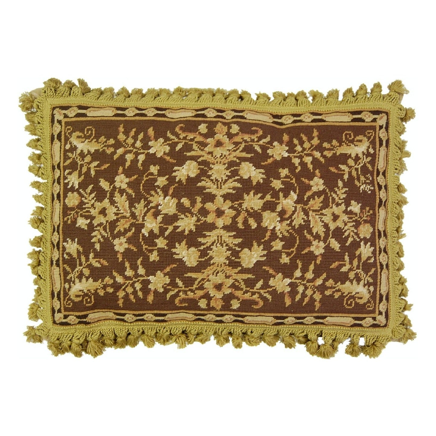 Handmade Wool Needlepoint Pillow Cover - Decorative Throw Cushion Cover - Vintage Floral Embroidery Design milk brown-gold small leaves with cold tassels