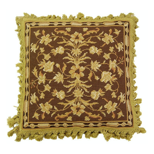 Handmade Wool Needlepoint Pillow Cover - Decorative Throw Cushion Cover - Vintage Floral Embroidery Design milk brown-gold samll leaves with tassels