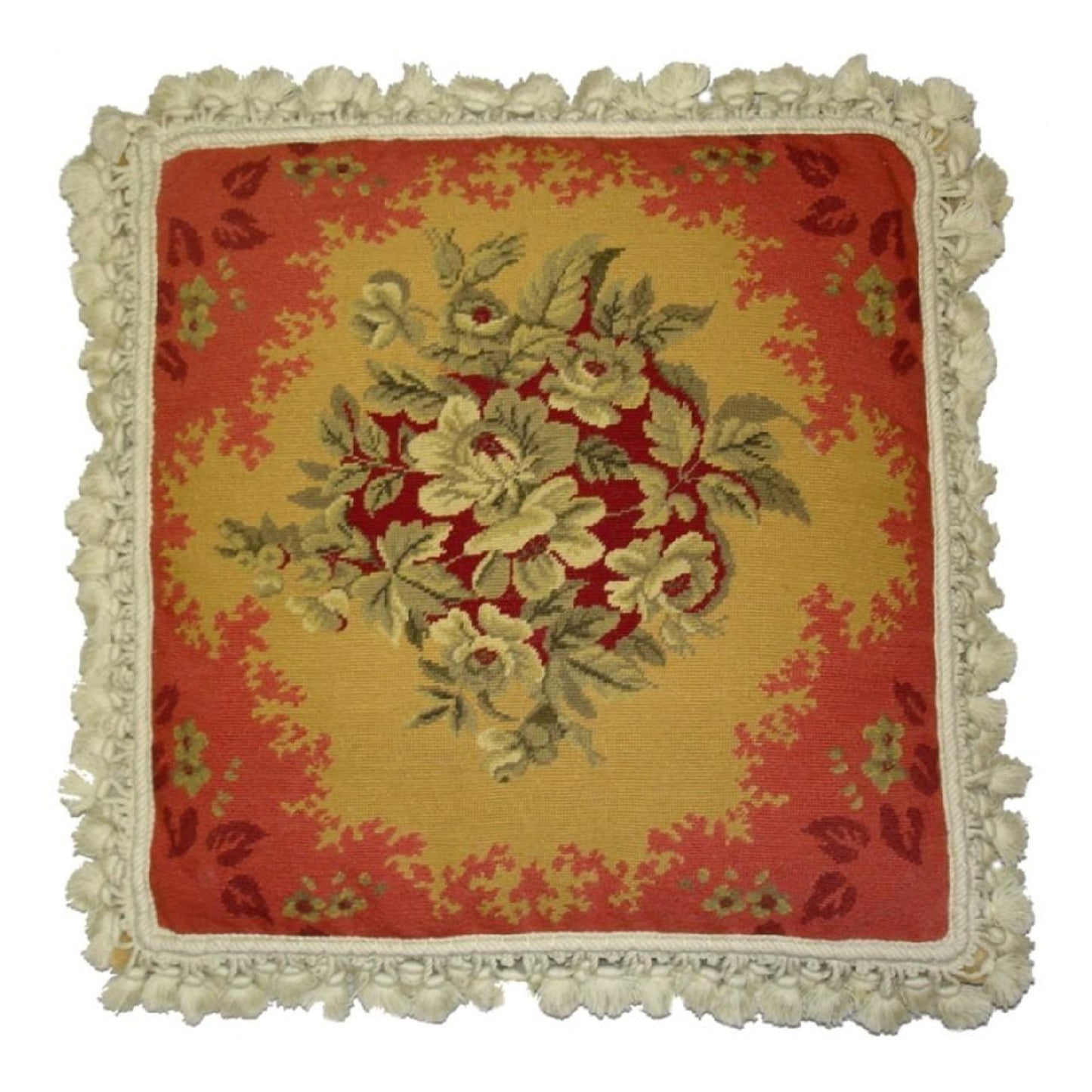 Handmade Wool Needlepoint Pillow Cover - Decorative Throw Cushion Cover - Vintage Floral Embroidery Design All central floral red frame with nature tassels