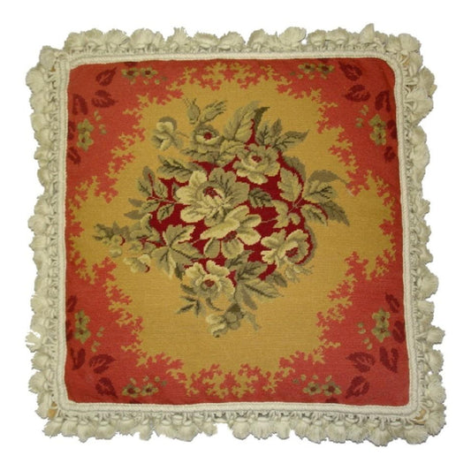 Handmade Wool Needlepoint Pillow Cover - Decorative Throw Cushion Cover - Vintage Floral Embroidery Design All  central floral red frame with nature tassels