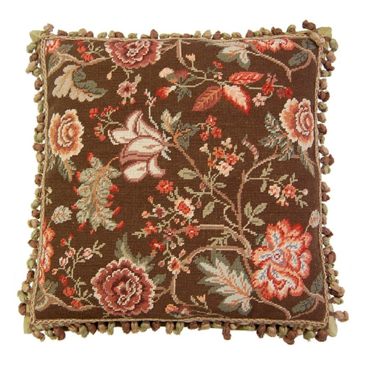 Handmade Wool Needlepoint Pillow Cover - Decorative Throw Cushion Cover - Vintage Floral Embroidery Design tropical floral with 3 color tassel