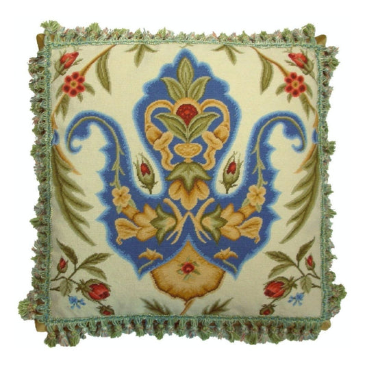 Handmade Wool Needlepoint Pillow Cover - Decorative Throw Cushion Cover - Vintage Floral Embroidery Design  blue tulip red roses with tassels