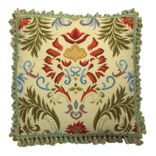 Handmade Wool Needlepoint Pillow Cover - Decorative Throw Cushion Cover - Vintage Floral Embroidery Design  red tulip green leaves with tassels