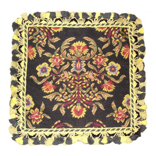 Handmade Wool Needlepoint Pillow Cover - Decorative Throw Cushion Cover - Vintage Floral Embroidery Design William Morris design black background 2 color tassel